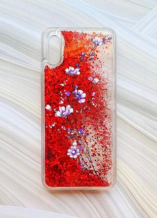 Чехол с плавающими блестками на xiaomi redmi 9a красный веточка цветов (принт 278)
