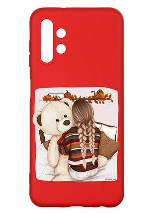 Матовий червоний чохол на samsung a13 4g :: дівчинка з ведмедиком (принт 117)