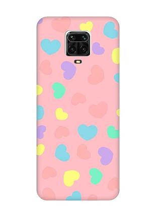 Матовый розовый чехол на xiaomi redmi note 9 pro / 9s / 9 pro max :: разноцветные сердечка (принт 335)