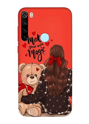 Матовый красный чехол на xiaomi redmi note 8t :: девушка с мишкой (принт 188)