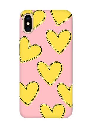 Матовый розовый чехол на iphone xs max :: сердечка желтые (принт 259)