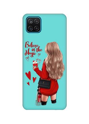 Матовый бирюзовый чехол для samsung galaxy a12 :: девушка с кофе (принт 137)