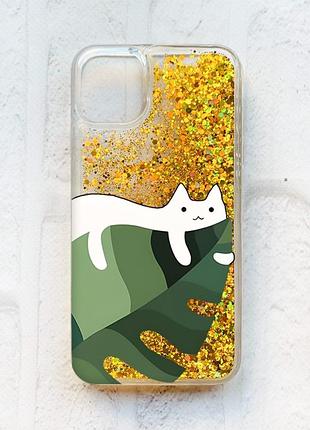 Чохол із плаваючими блискітками на iphone 11 золотий :: кіт на листку (принт 367)