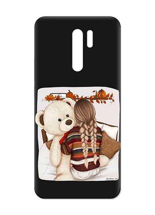 Матовый черный чехол на xiaomi redmi 9 :: девочка с мишкой (принт 117)