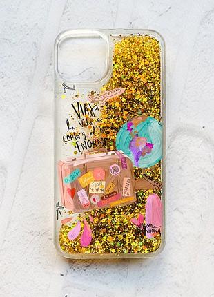 Чехол с плавающими блестками на iphone 13 :: золотой :: настроение путешествовать (принт 329)