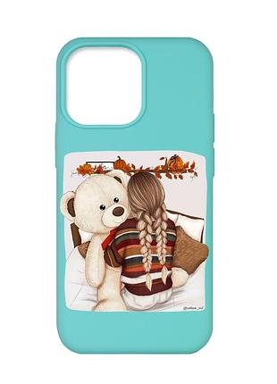 Матовый бирюзовый чехол на iphone 13 pro :: девочка с мишкой (принт 117)