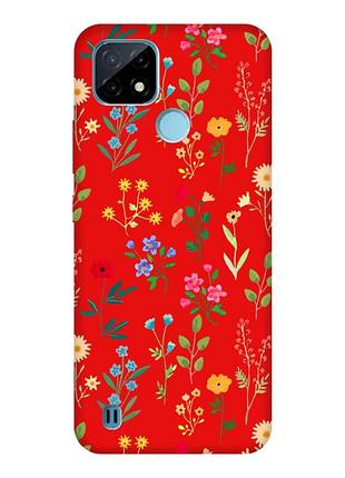 Матовый красный чехол на realme c21y :: цветочный фон (принт 269)