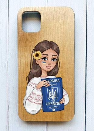 Деревянный чехол на iphone 11 pro max :: девушка с паспортом (принт 12)