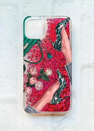 Чохол із плаваючими блискітками на iphone 11 рожевий :: туфельки і квіти (принт 225)