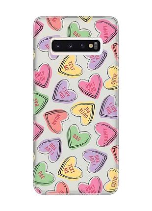 Прозрачный чехол на samsung galaxy s10 :: сердечка с текстом (принт 333)