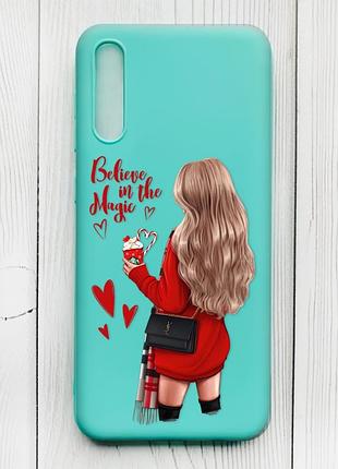 Матовый бирюзовый чехол на samsung galaxy a50 (2019) a505/a30s :: девушка с кофе (принт 137)