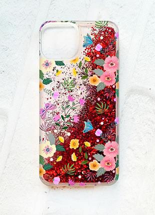 Чохол із плаваючими блискітками на iphone 13 червоний :: квітковий фон (принт 369)