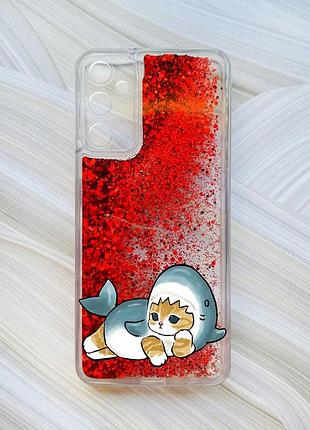 Чехол с плавающими блестками на samsung galaxy a05s (a057) красный :: котенок акула (принт 355)