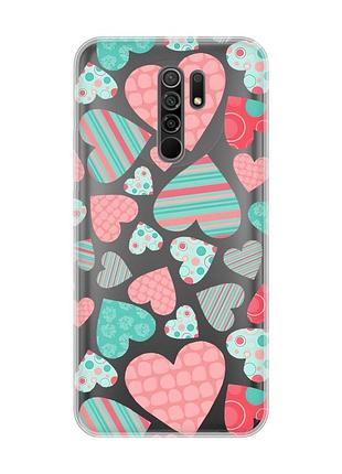 Прозорий чохол на xiaomi redmi 9 :: різнокольорові сердечка (принт 334)