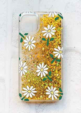 Чехол с плавающими блестками на iphone 11 золотой :: ромашки (принт 368)