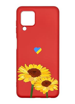 Матовый красный чехол на samsung galaxy m32/a22/m22 4g :: желтые цветы (принт 364)