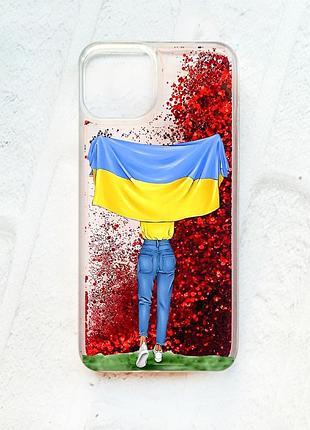 Чохол із плаваючими блискітками на iphone 13 червоний :: дівчина з прапором (принт 263)