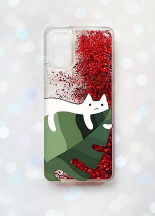 Чехол с плавающими блестками на samsung galaxy a03s (a037) красный :: кот на листе (принт 367)