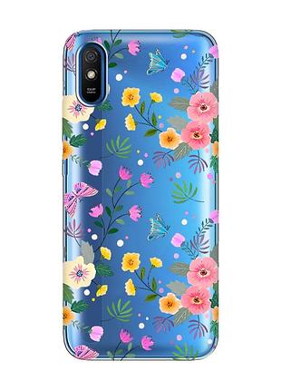 Прозрачный чехол на xiaomi redmi 9a :: цветочный фон (принт 369)