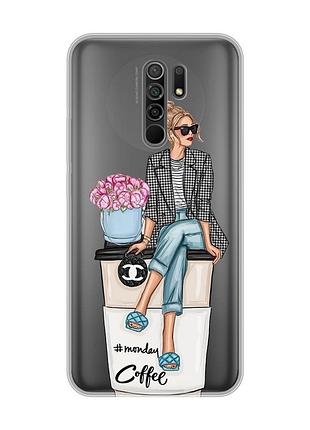 Прозорий чохол на xiaomi redmi 9 :: дівчина на каві (принт 228)