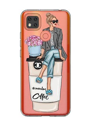 Прозрачный чехол для xiaomi redmi 9c :: девушка на кофе (принт 228)