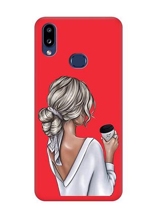 Матовый красный чехол на samsung galaxy a10ѕ a107 девушка с латте (принт 227)