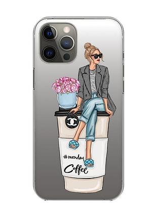Прозрачный чехол на iphone 12 pro max :: девушка на кофе (принт 228)