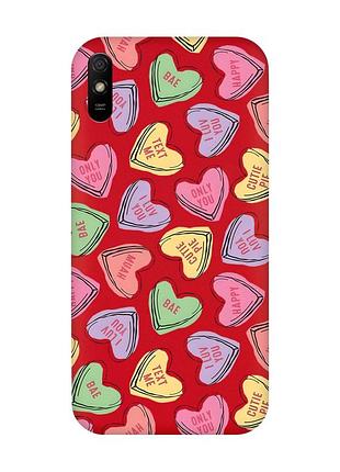Матовый красный чехол на xiaomi redmi 9a :: сердечка с текстом (принт 333)