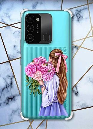 Чохол з потовщеними кутами на tecno spark go 2022 :: дівчина з півоніями (принт 11)