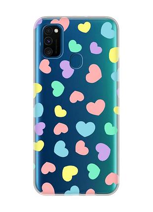 Прозрачный чехол на samsung galaxy m30s/m21 :: разноцветные сердечка (принт 335)