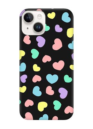 Матовый черный чехол на apple iphone 14 :: разноцветные сердечка (принт 335)