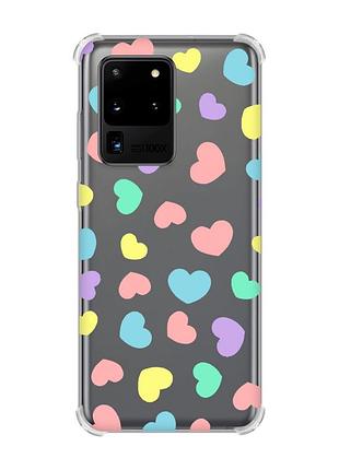 Чехол с утолщёнными углами для samsung galaxy s20 ultra :: разноцветные сердечка (принт 335)
