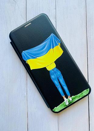 Чехол-книжка с рисунком для xiaomi redmi note 8 pro черный :: девушка с флагом (принт 263) 3