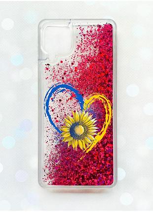 Чехол с плавающими блестками samsung galaxy a12 розовый :: сердце с подсолнухом (принт 260)