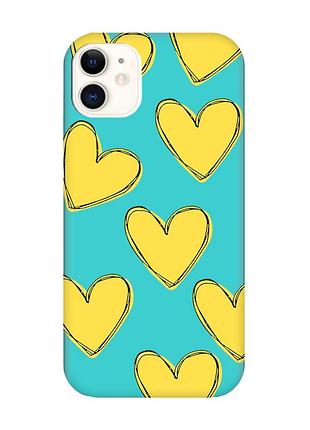Матовый бирюзовый чехол на iphone 11 :: сердечка желтые (принт 259)
