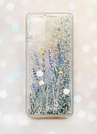 Чехол с плавающими блестками samsung galaxy a12 серебряный :: полевые цветы (принт 270)