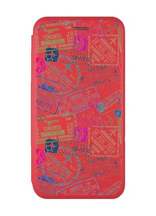 Чехол-книжка красный с рисунком на xiaomi redmi note 12 путешествия. штампы (принт 316)