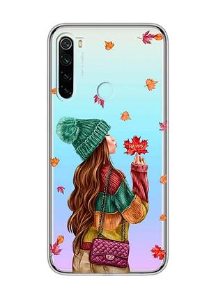 Прозрачный чехол на xiaomi redmi note 8 :: девушка с листьями (принт 221)