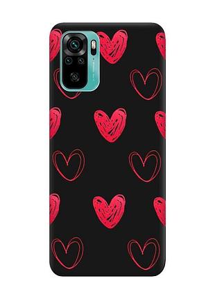 Матовый черный чехол на xiaomi redmi note 10 / note 10s сердечка красные (принт 77)