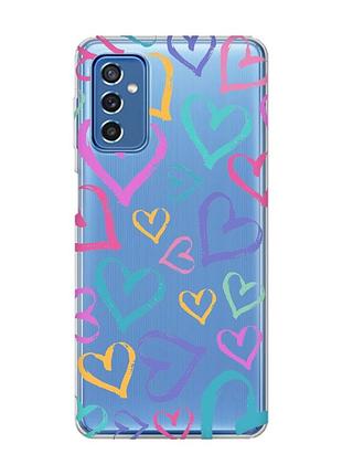 Прозрачный чехол на samsung galaxy m52 :: разноцветные сердечка (принт 332)