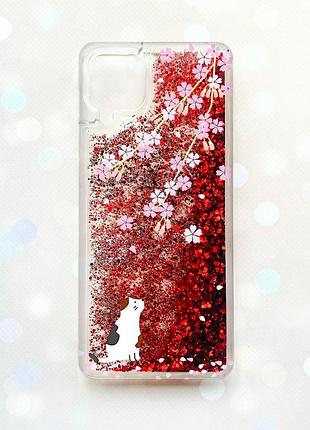 Чехол с плавающими блестками samsung galaxy a12 красный :: котик и сакура (принт 283)