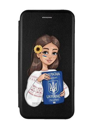 Чехол-книжка с рисунком для samsung galaxy a12 чёрный :: девушка с паспортом (принт 12)