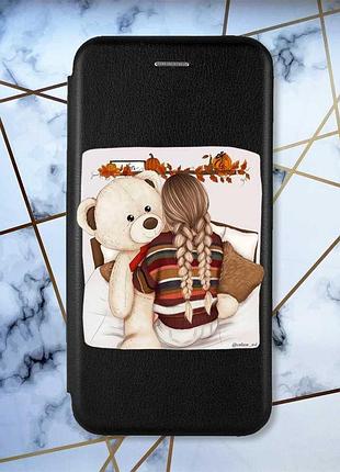 Чехол-книжка черный с рисунком на xiaomi redmi note 12 девочка с мишкой (принт 117)