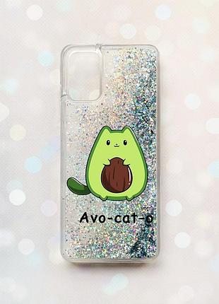 Чохол з плаваючими блискітками для samsung galaxy a03s (a037) срібний :: котик авокадо (принт 306)