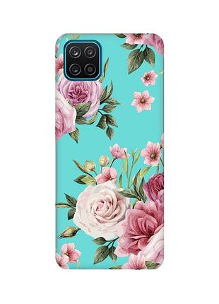 Матовий бірюзовий чохол на samsung galaxy a12 :: рожеві квіти (принт 287)