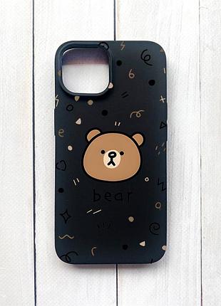Матовый чехол на iphone 15 черный :: мишка (принт 76)