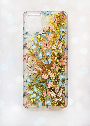 Чохол з плаваючими блискітками samsung a12 золотий :: квітковий фон (принт 370)