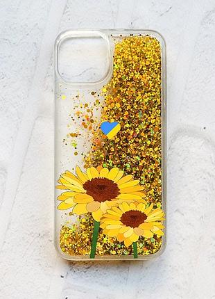Чехол с плавающими блестками на iphone 14 золотой :: желтые цветы (патриотический принт 364)