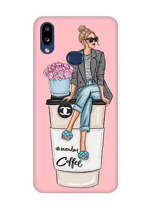 Матовый розовый чехол на samsung galaxy a10ѕ a107 девушка на кофе (принт 228)