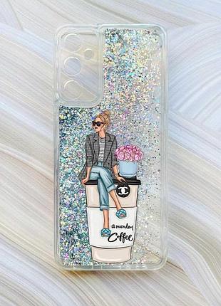 Чехол с плавающими серебрянными блестками на samsung a15 (a155) / m15 девушка на кофе (принт 228)